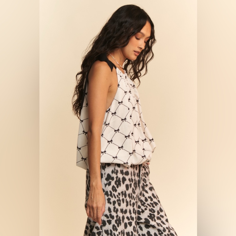 Davi & Dani Ribbon Checker Printed Tie Halter Neck Blouse Top🆕 - Picture 6 of 8